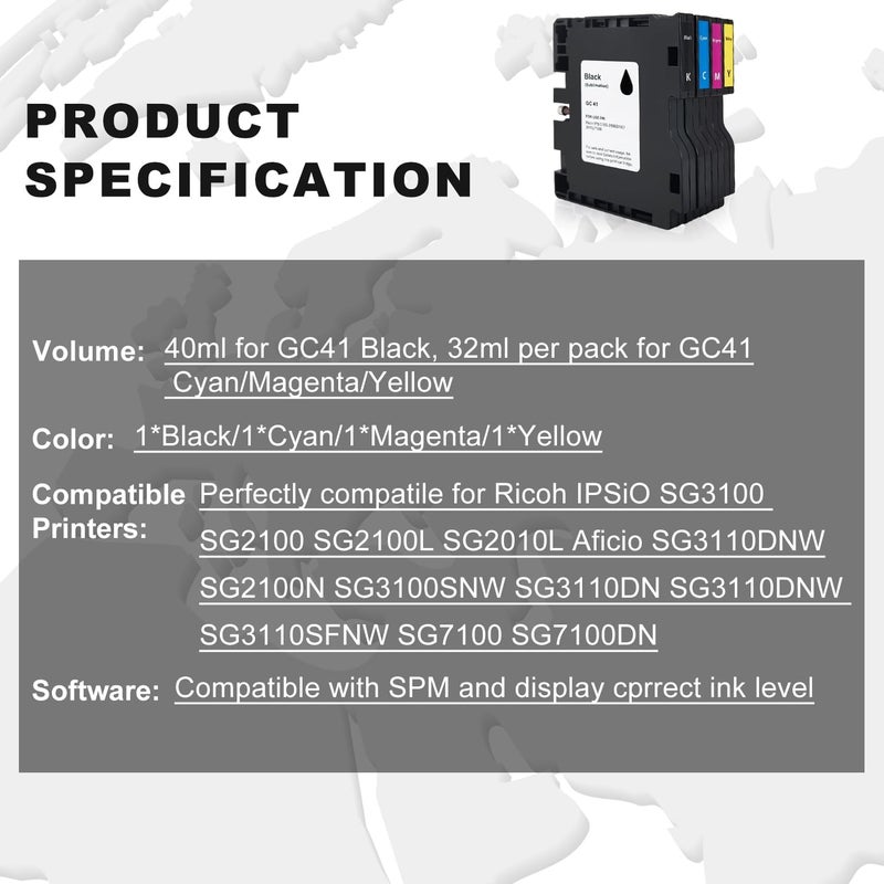 AYMSous GC41 Sublimation Ink Cartridge Compatible for Ricoh GC41 GC-41 for Ricoh IPSiO SG3100 SG2100 SG2100L SG2010L Aficio SG3110DNW SG2100N SG3100SNW SG2100 SG3110DN SG2010 (1BK, 1C, 1M, 1Y, 4-Pack) - Image 2